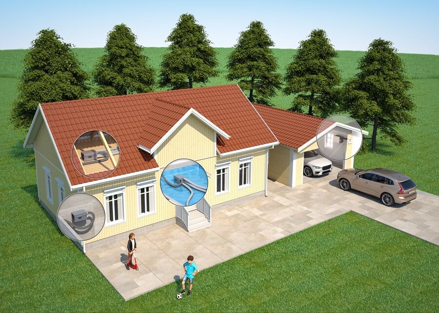 Illustration över hus med utrymmen där man kan installera en avfuktare